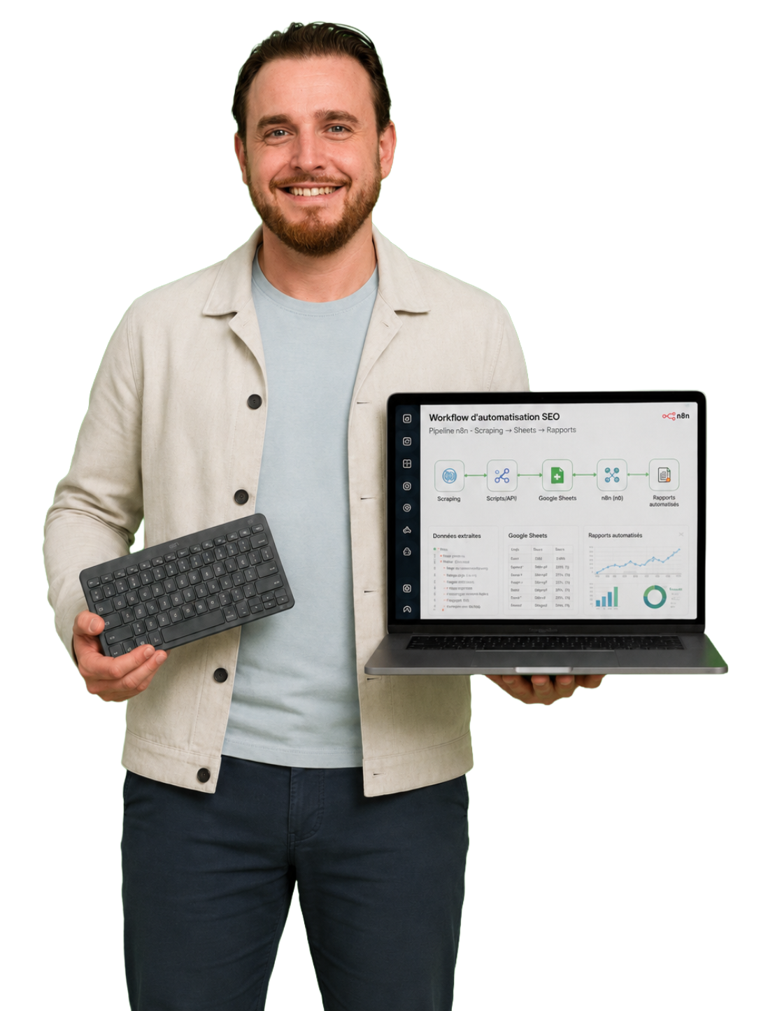 Expert automation SEO devant un poste de workflow
