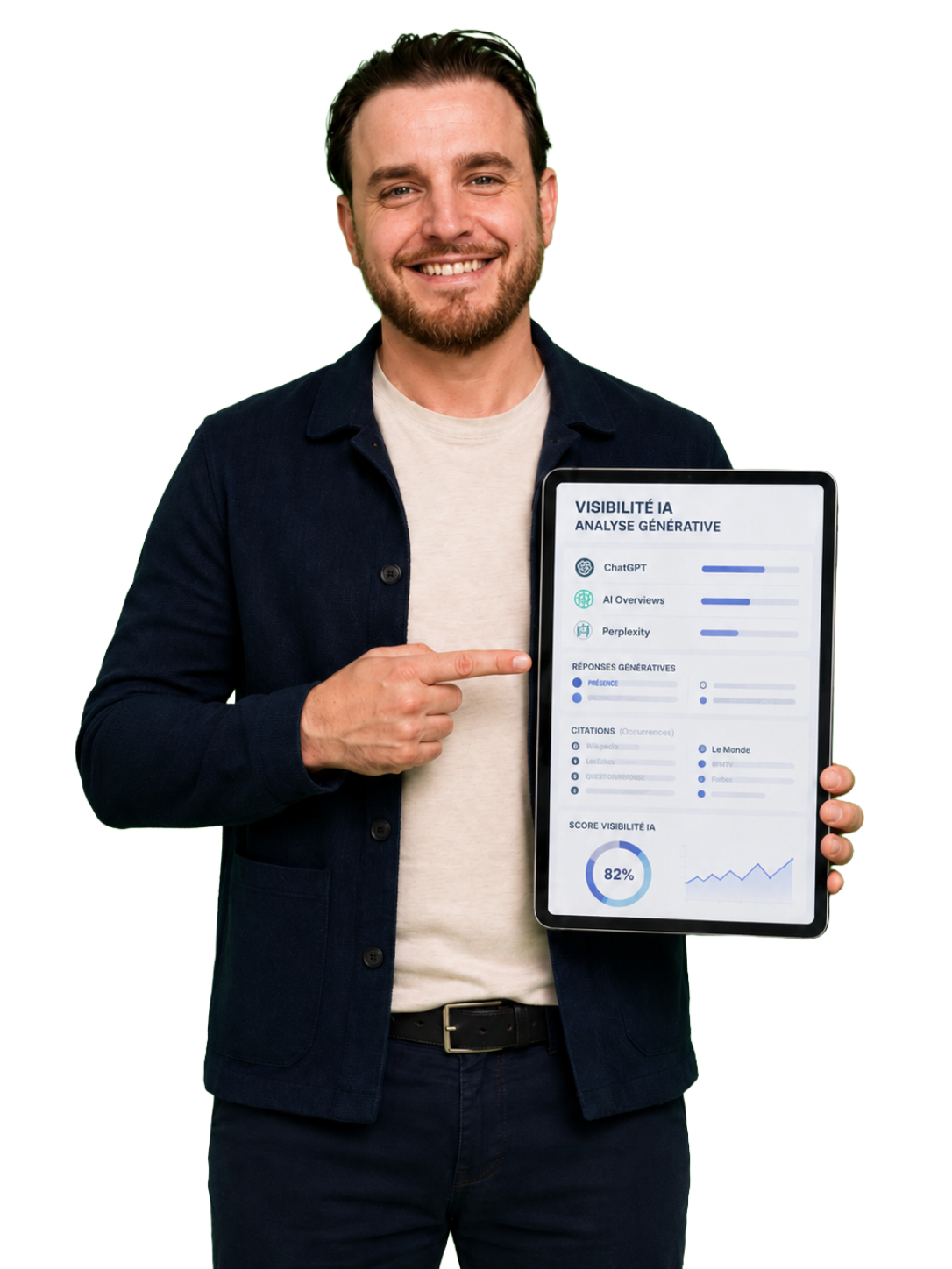 Expert GEO devant un tableau de visibilite IA