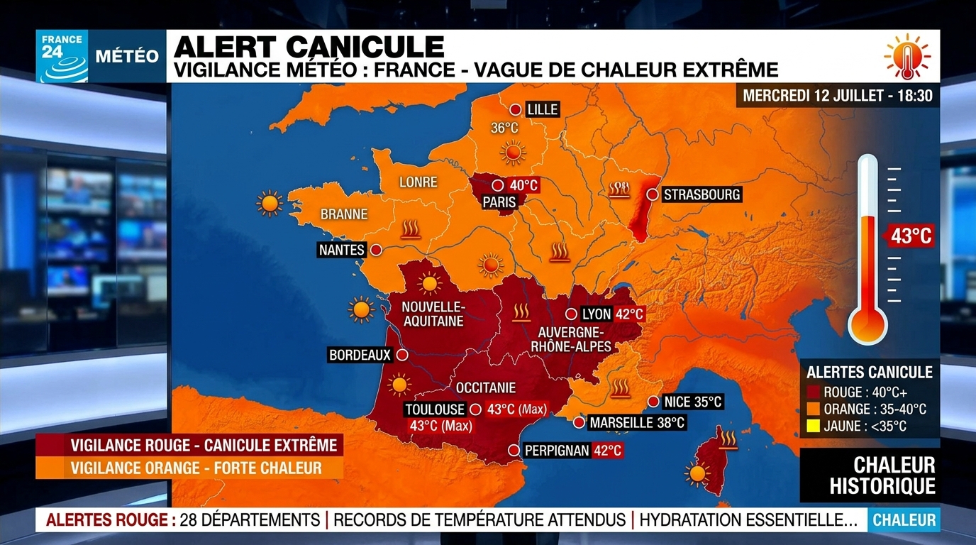 alerte canicule ce mercredi avec des températures pouvant atteindre 43°c. découvrez les dernières prévisions détaillées et les conséquences préoccupantes de cette vague de chaleur intense.